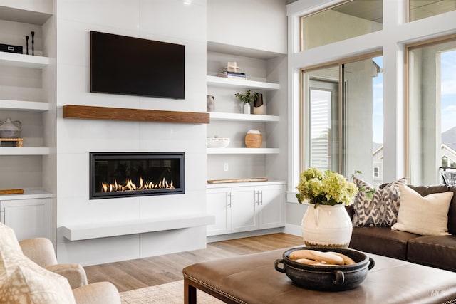 living area featuring a large fireplace, light wood-style flooring, and built in shelves