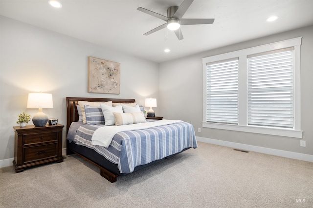 bedroom featuring baseboards, visible vents, and recessed lighting