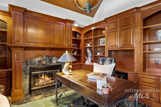 4119 N Park Ln, Eagle, ID 83616 - office featuring a high end fireplace, built in shelves, and lofted ceiling
