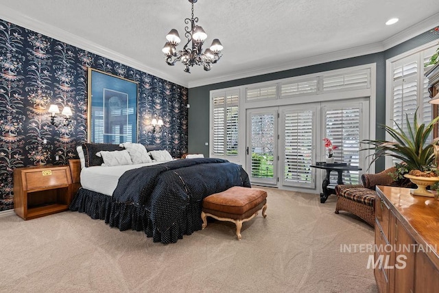 4119 N Park Ln, Eagle, ID 83616 - bedroom with wallpapered walls, access to exterior, a chandelier, carpet, and ornamental molding