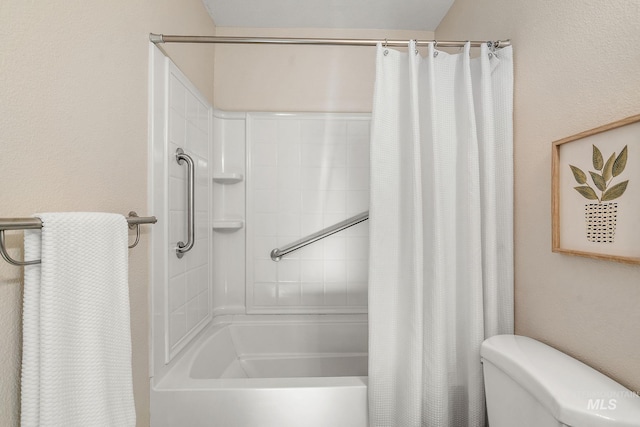 bathroom with toilet and shower / bathtub combination with curtain