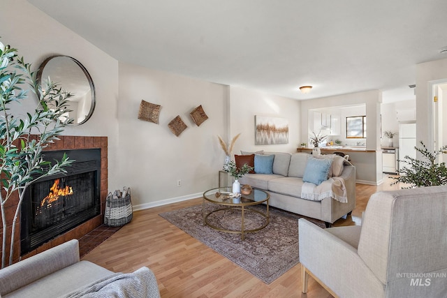 living room featuring light hardwood / wood-style flooring and a tiled fireplace