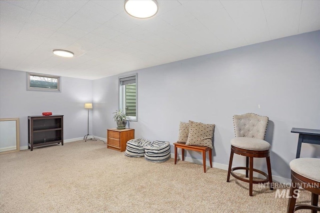 living area featuring baseboards and carpet floors