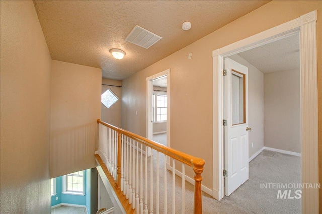 1239 Willow Creek Dr, Nampa, ID 83686 - hallway with an upstairs landing, a textured ceiling, carpet floors, and baseboards