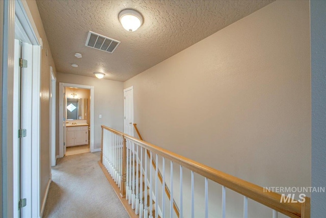 1239 Willow Creek Dr, Nampa, ID 83686 - hall featuring a textured ceiling, an upstairs landing, light carpet, and baseboards