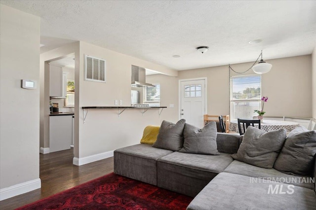 living area featuring baseboards, a textured ceiling, wood finished floors, and visible vents
