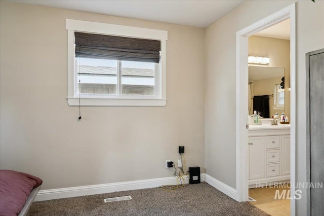 washroom with visible vents, carpet, baseboards, and a sink