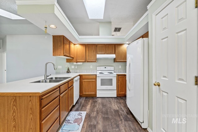 1548 N Vineyards Ave, Meridian, ID 83642 - kitchen with white appliances, a sink, under cabinet range hood, a skylight, and dark wood-style flooring