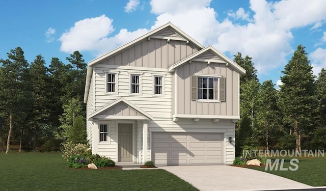 view of front of home with an attached garage, concrete driveway, board and batten siding, and a front yard