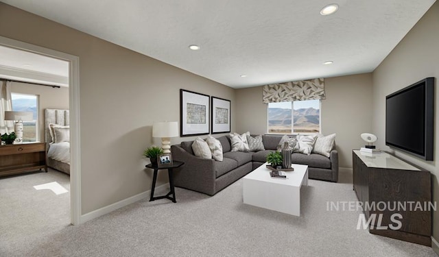 carpeted living area with a textured ceiling, baseboards, a wealth of natural light, and recessed lighting