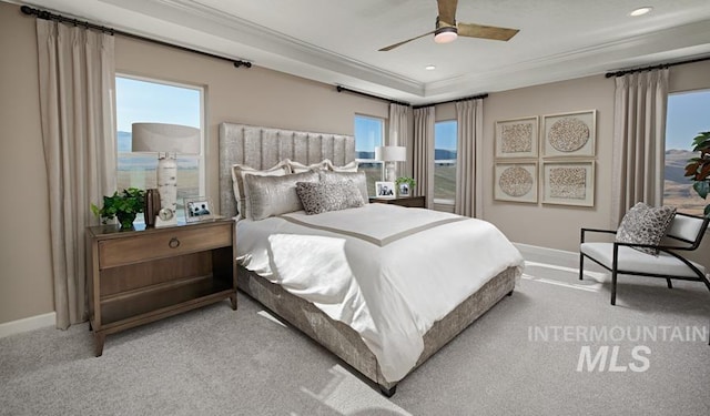 bedroom featuring baseboards, recessed lighting, carpet flooring, and crown molding