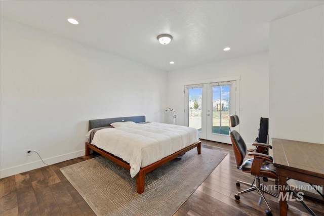 bedroom with access to outside, french doors, hardwood / wood-style flooring, and baseboards