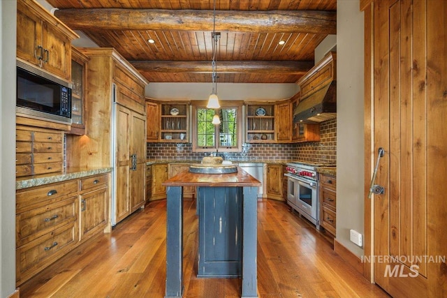 370 Blackhawk Lake Dr, Mccall, ID 83638 - kitchen with open shelves, built in appliances, butcher block countertops, brown cabinets, and wooden ceiling with exposed beams