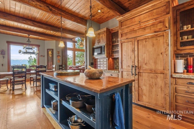 370 Blackhawk Lake Dr, Mccall, ID 83638 - kitchen with wooden counters, wooden ceiling with exposed beams, built in microwave, open shelves, and light wood finished floors