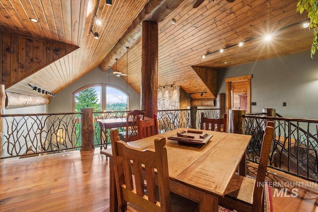 370 Blackhawk Lake Dr, Mccall, ID 83638 - dining room featuring wooden ceiling, ceiling fan, wood finished floors, and vaulted ceiling