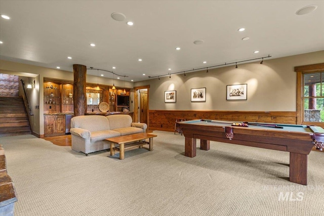 370 Blackhawk Lake Dr, Mccall, ID 83638 - playroom featuring wainscoting, billiards, carpet, recessed lighting, and wood walls