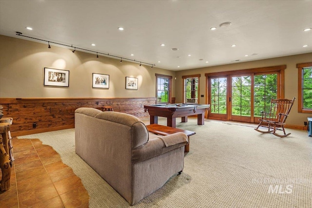 370 Blackhawk Lake Dr, Mccall, ID 83638 - rec room with pool table, recessed lighting, rail lighting, light tile patterned flooring, and light carpet
