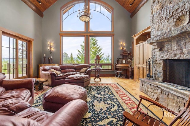 370 Blackhawk Lake Dr, Mccall, ID 83638 - living room featuring wood ceiling, high vaulted ceiling, plenty of natural light, light wood-style flooring, and a fireplace