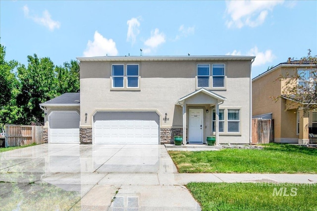 9308 W Rustica Dr, Boise, ID 83709 - view of front of house with concrete driveway, stucco siding, a garage, and stone siding