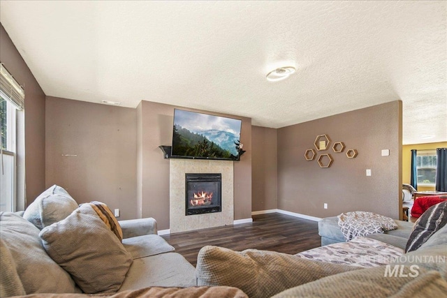 9308 W Rustica Dr, Boise, ID 83709 - living area featuring wood finished floors, a tile fireplace, and a textured ceiling