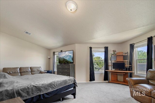 9308 W Rustica Dr, Boise, ID 83709 - bedroom featuring light colored carpet, a textured ceiling, multiple windows, and vaulted ceiling