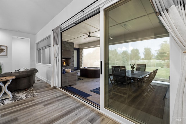 doorway to outside featuring wood finished floors and a ceiling fan