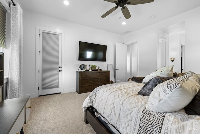 bedroom with carpet floors, recessed lighting, baseboards, and ceiling fan