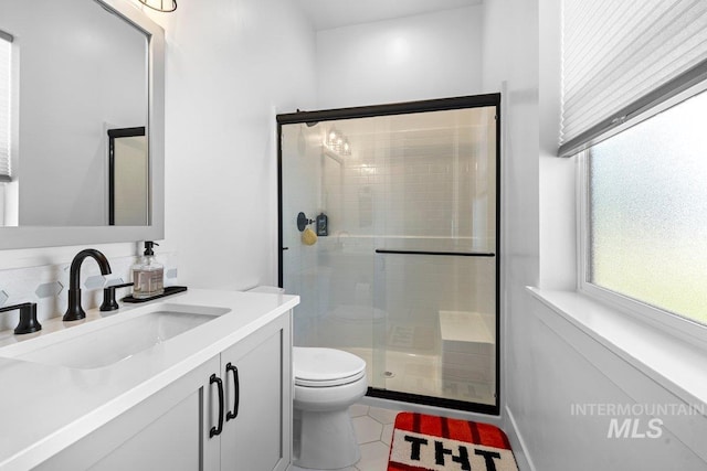 full bath featuring plenty of natural light, a shower stall, and toilet