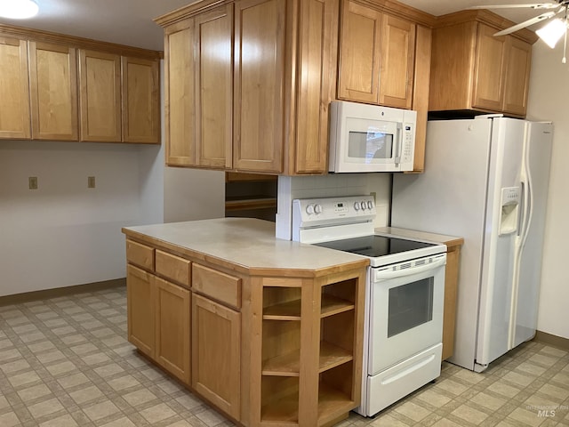 kitchen with white appliances, light countertops, baseboards, light floors, and ceiling fan