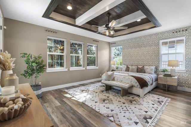 1747 N Tuscolano Ave, Eagle, ID 83616 - bedroom with wood finished floors, wallpapered walls, wood ceiling, and a ceiling fan