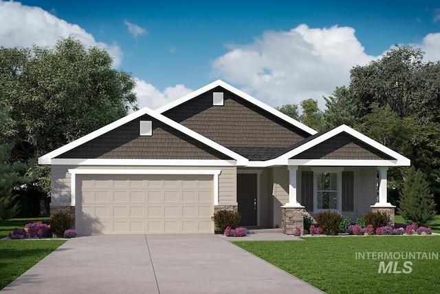 craftsman-style home with stone siding, an attached garage, a front yard, and concrete driveway