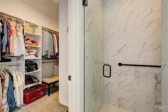 bathroom featuring a shower with door