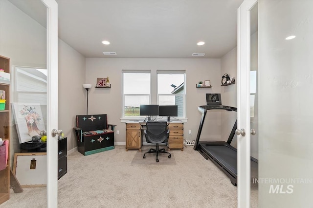 22924 Fargo Rd, Parma, ID 83660 - carpeted office space featuring visible vents, french doors, and recessed lighting