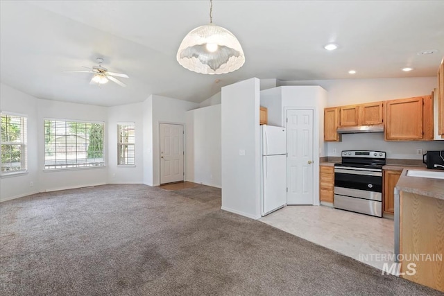 10795 W Susan St, Boise, ID 83713 - kitchen featuring stainless steel electric range, freestanding refrigerator, under cabinet range hood, lofted ceiling, and light colored carpet