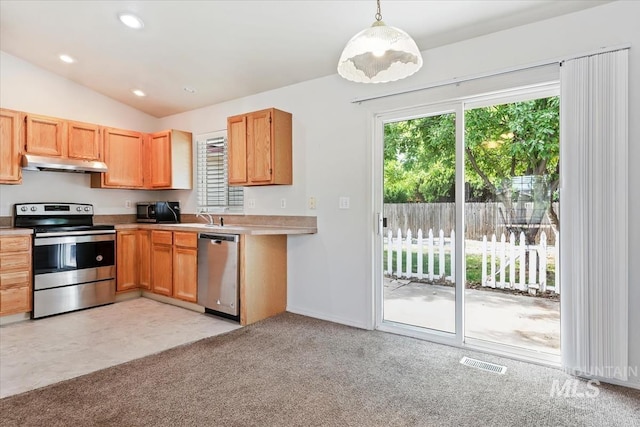 10795 W Susan St, Boise, ID 83713 - kitchen featuring stainless steel appliances, under cabinet range hood, light countertops, pendant lighting, and light carpet