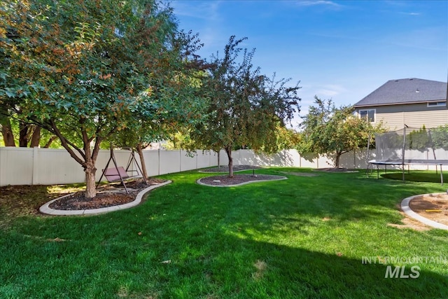 view of yard featuring a trampoline and a fenced backyard