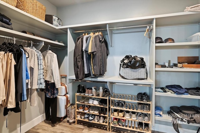 walk in closet with wood finished floors
