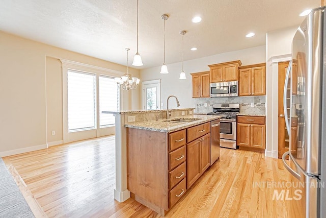7053 W Butte Ln, Boise, ID 83704 - kitchen with stainless steel appliances, a sink, light wood-style flooring, backsplash, and recessed lighting