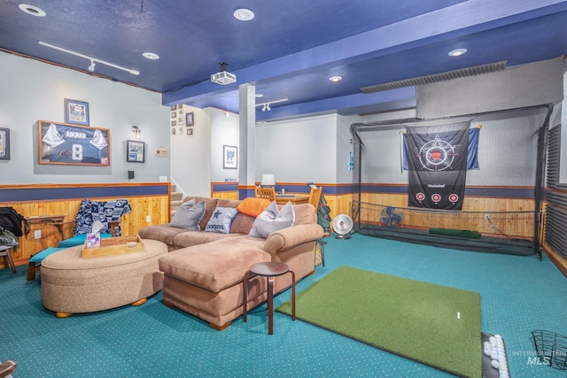 recreation room with recessed lighting, carpet flooring, and a wainscoted wall