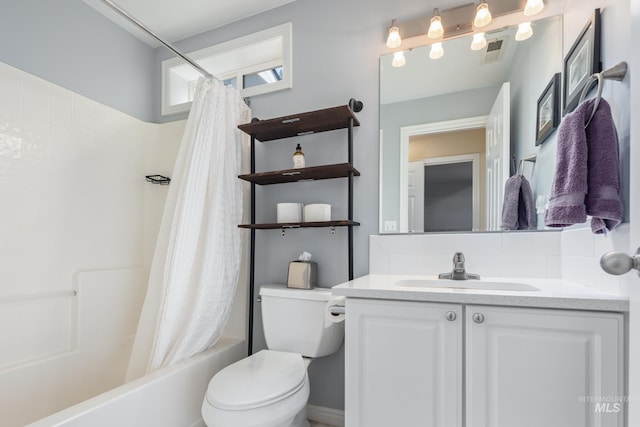 bathroom with visible vents, shower / tub combo with curtain, toilet, and vanity