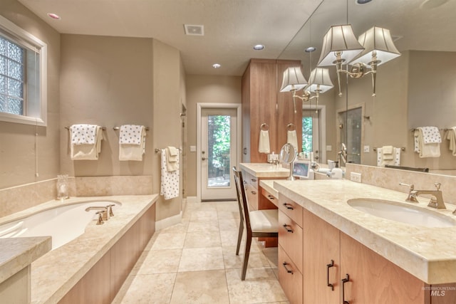 705 N Cobblestone Way, Eagle, ID 83616 - full bathroom with two vanities, a bath, tile patterned floors, and recessed lighting