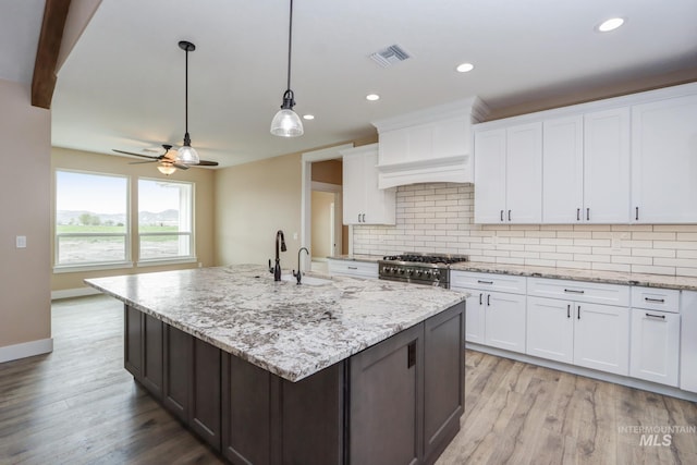 kitchen featuring an island with sink, white cabinetry, and light hardwood / wood-style flooring