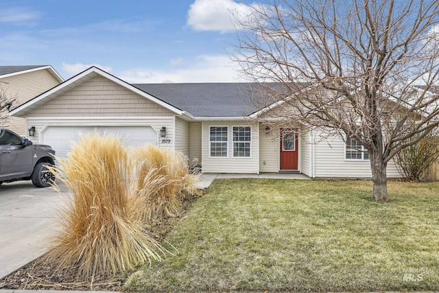 ranch-style house with an attached garage, a front lawn, concrete driveway, and roof with shingles