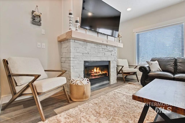 living room with a stone fireplace and light hardwood / wood-style floors