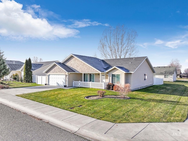 ranch-style house with covered porch, a front yard, and a garage