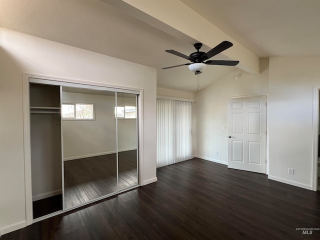 unfurnished bedroom featuring a closet, dark hardwood / wood-style floors, and ceiling fan