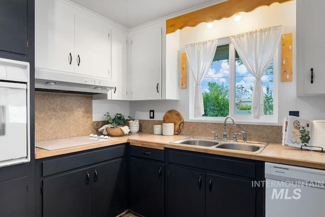 5928 W Grunder, Boise, ID 83709 - kitchen featuring white appliances, a sink, under cabinet range hood, backsplash, and light countertops