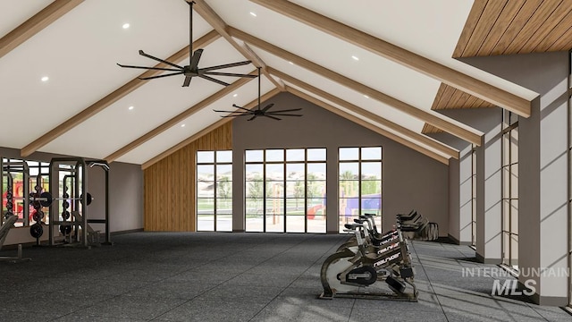 exercise area with a healthy amount of sunlight, high vaulted ceiling, and a ceiling fan