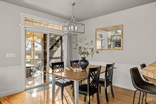 dining space with plenty of natural light, wainscoting, and wood finished floors