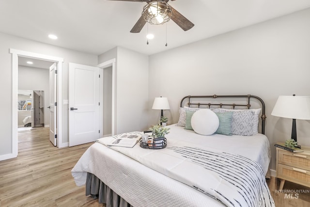 bedroom with ceiling fan, recessed lighting, light wood-type flooring, and baseboards